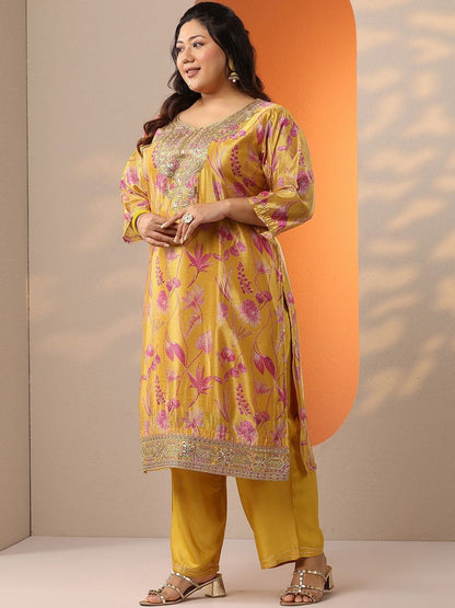 Dhiyona Women's Plus Size Floral Printed Regular Kurta with Palazzos & With Dupatta