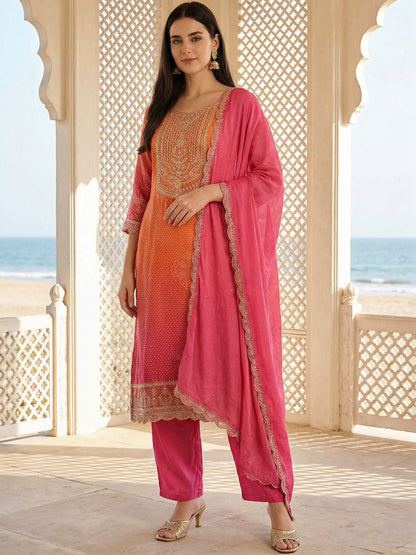 Women Ombre Printed Regular Kurta with Trousers & With Dupatta
