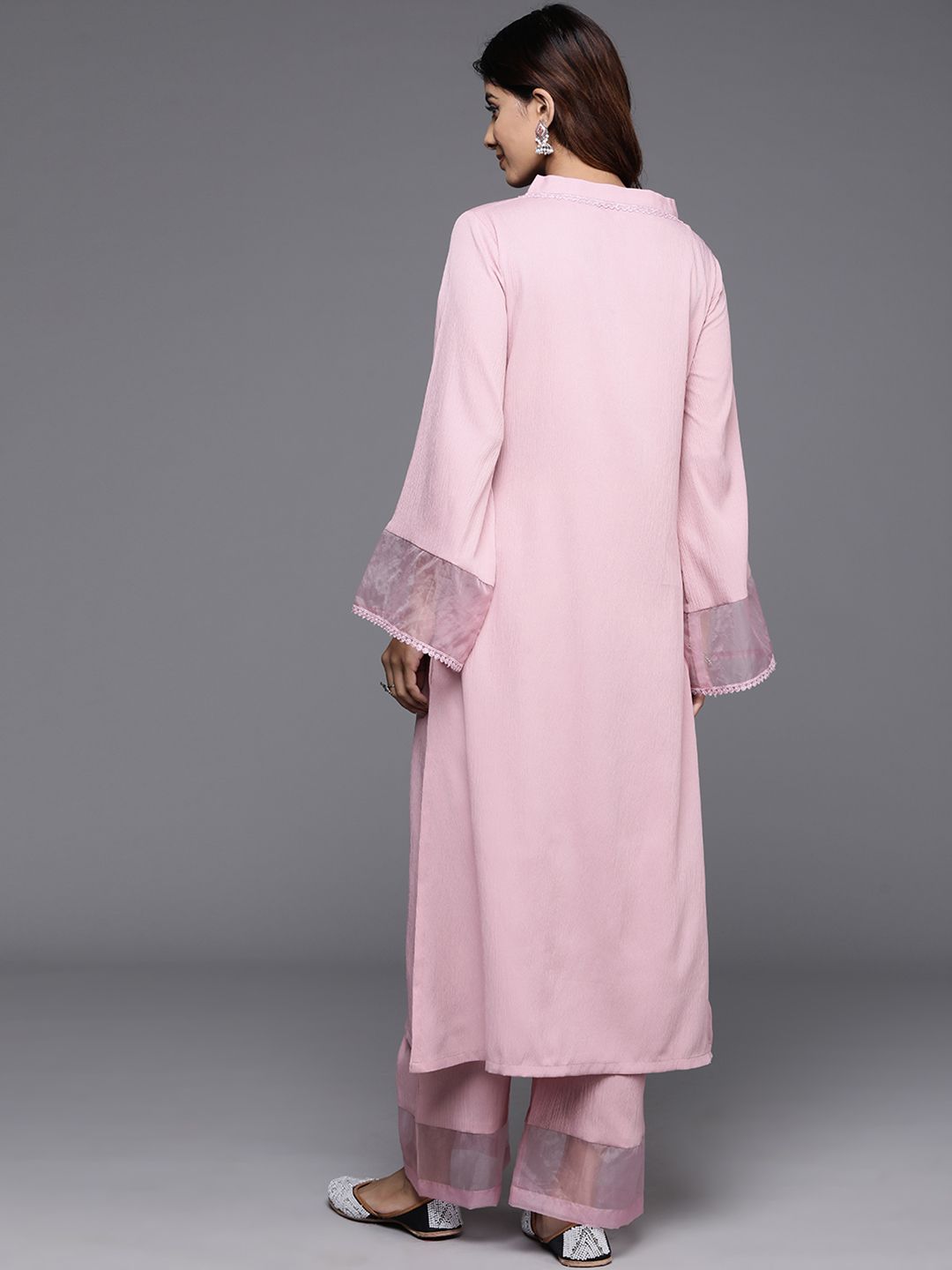 Pink Pink Flared Sleeve Organza detailed Solid Kurta & Palazzo