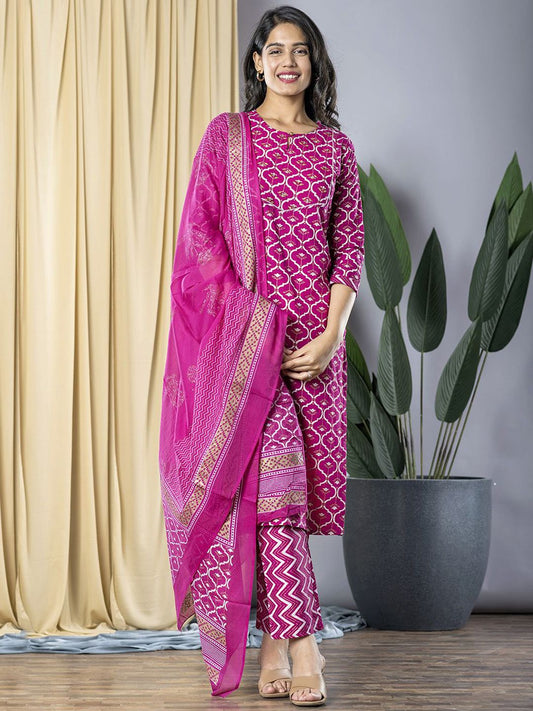 Dhiyona KL Ethnic Motifs Printed Keyhole Neck Straight Kurta With Trousers & Dupatta