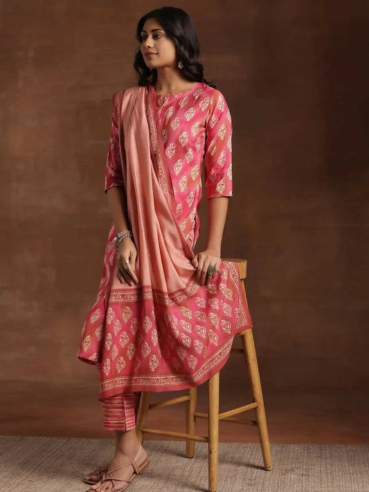 Women's LB Pink Printed Silk Blend Straight Suit With Dupatta