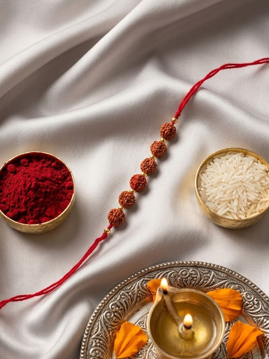 Dhiyona Religious Rudraksh Thread Rakhi With Roli Chawal Chandan Mishri
