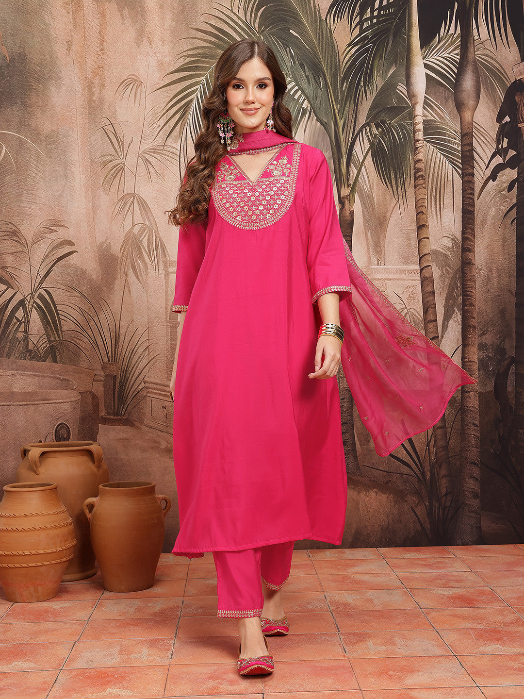 Ethnic Motifs Embroidered Sequinned V-Neck A-Line Kurta with Trousers & Dupatta