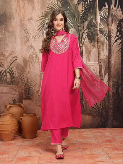 Ethnic Motifs Embroidered Sequinned V-Neck A-Line Kurta with Trousers & Dupatta