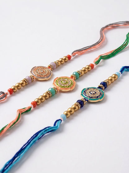 Dhiyona Set Of 3 Floral Design Multicolor Artificial Beads Thread Rakhi With Roli Chawal