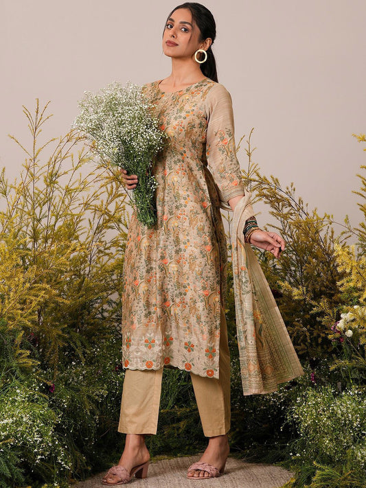 Floral Printed Round Neck Zari Straight Kurta With Trousers & Dupatta