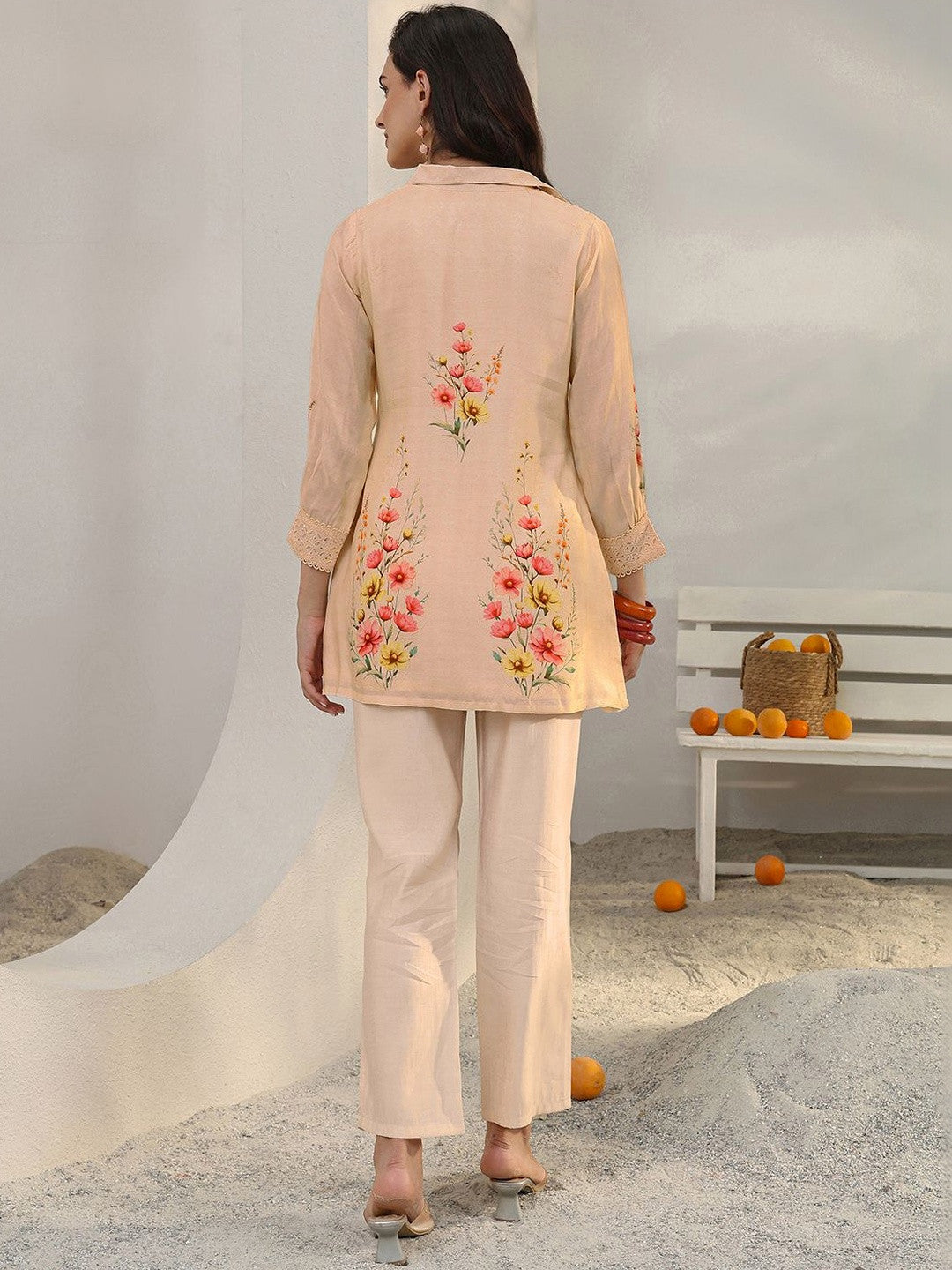 Peach Floral Printed Silk Blend Straight Kurta Set