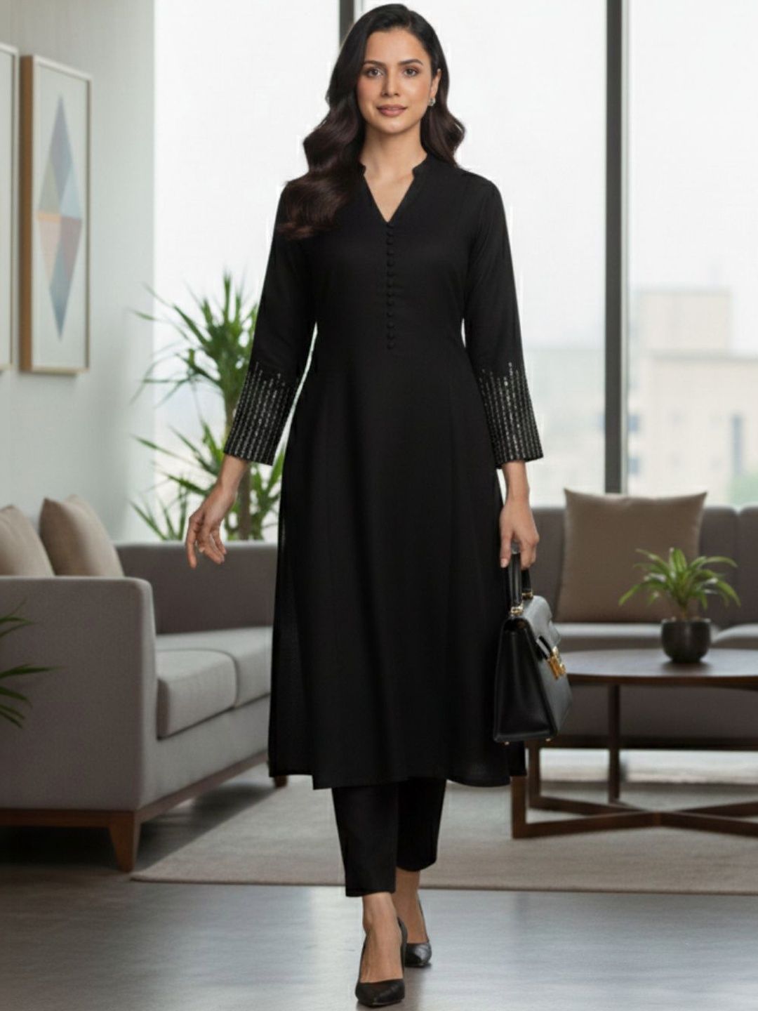Black Women Regular Sequinned Kurta with Trousers
