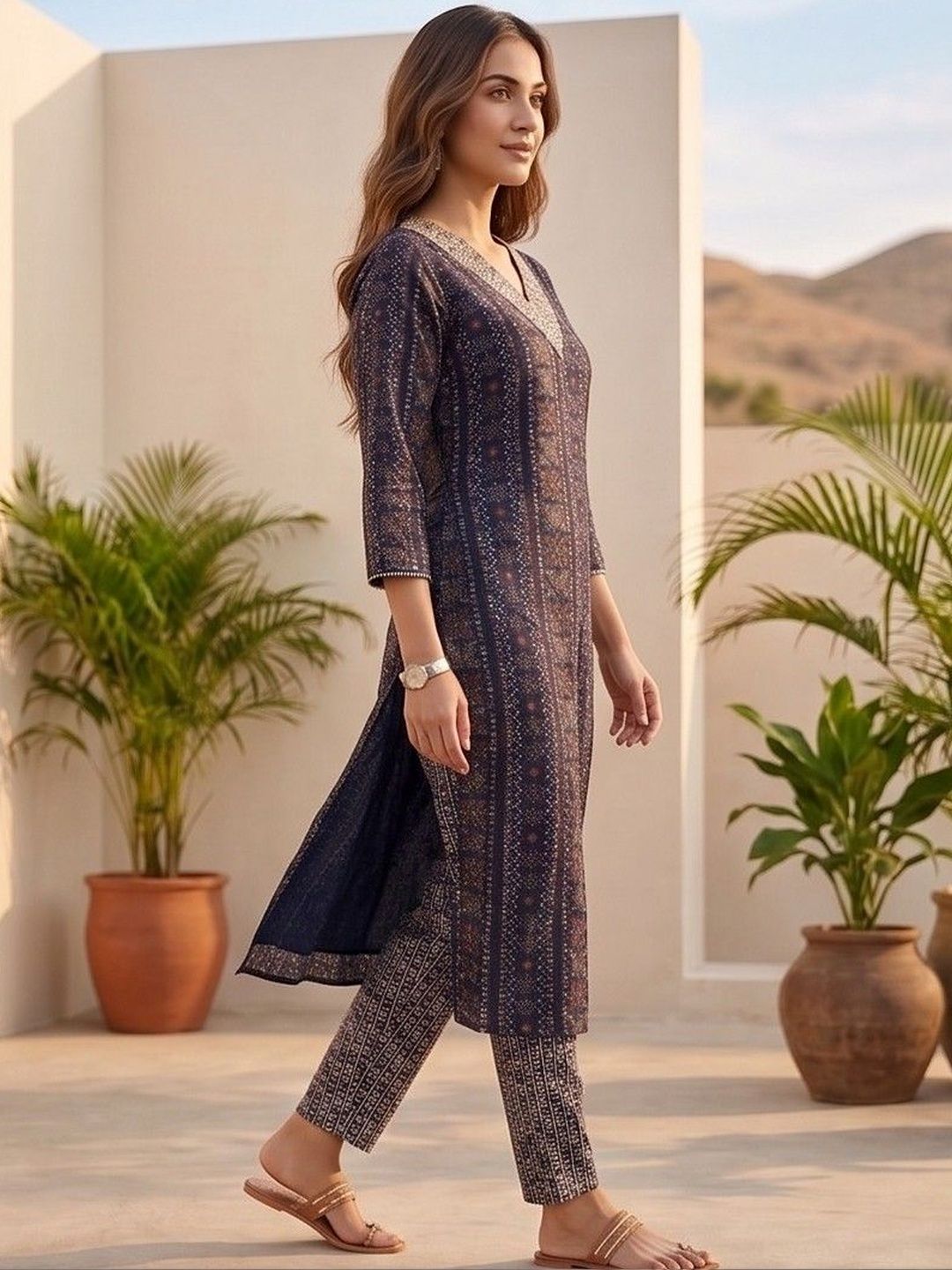 Navy Blue Women Ethnic Motifs Printed Regular Thread Work Kurta with Trousers & With Dupatta