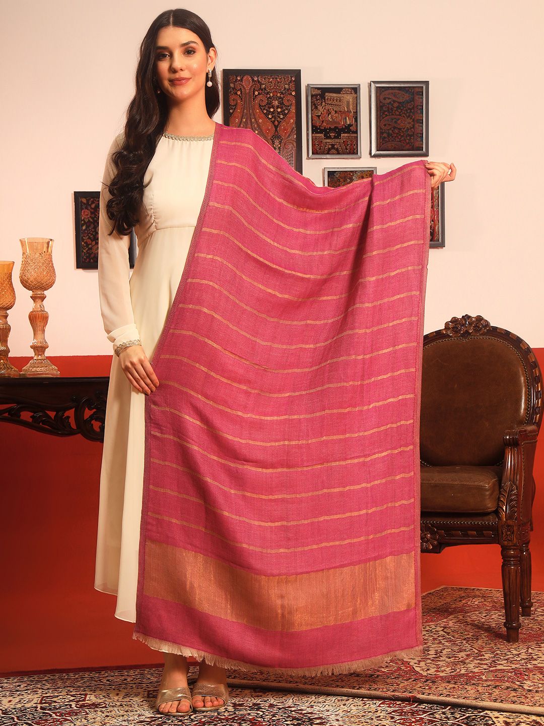 Dhiyona PA Striped Woven Design Woolen Reversible Shawl