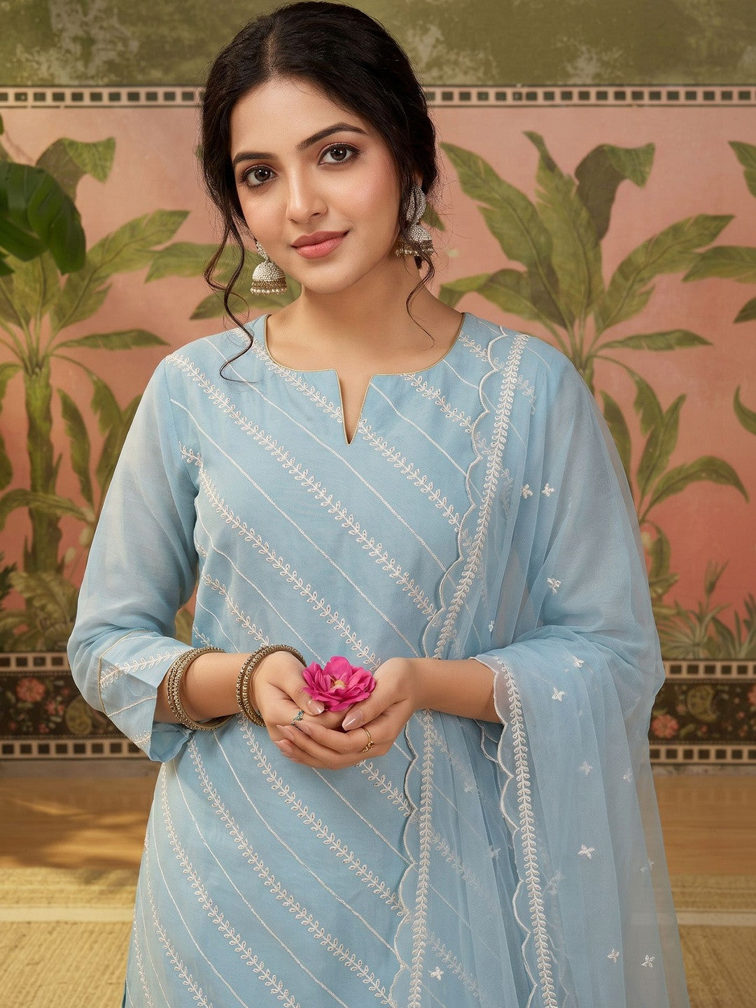 Women Ethnic Motifs Embroidered Regular Thread Work Chanderi Cotton Kurta with Trousers & With