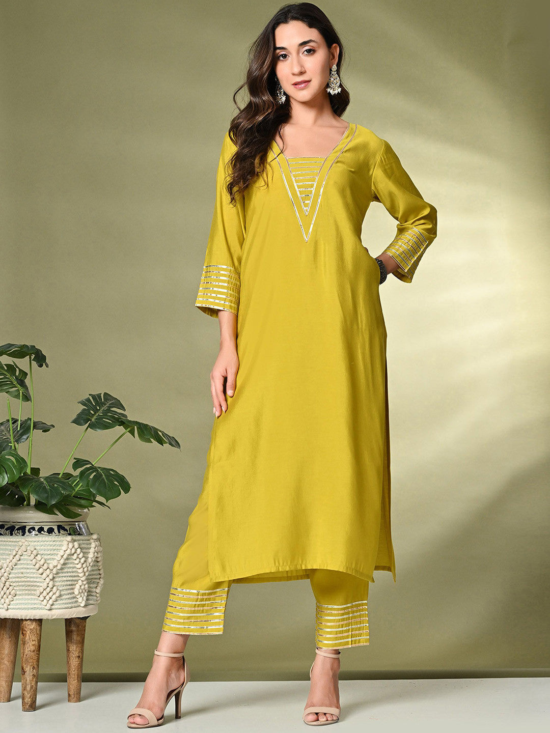 Lime Green Gotta Patti A-Line Kurta With Palazzo