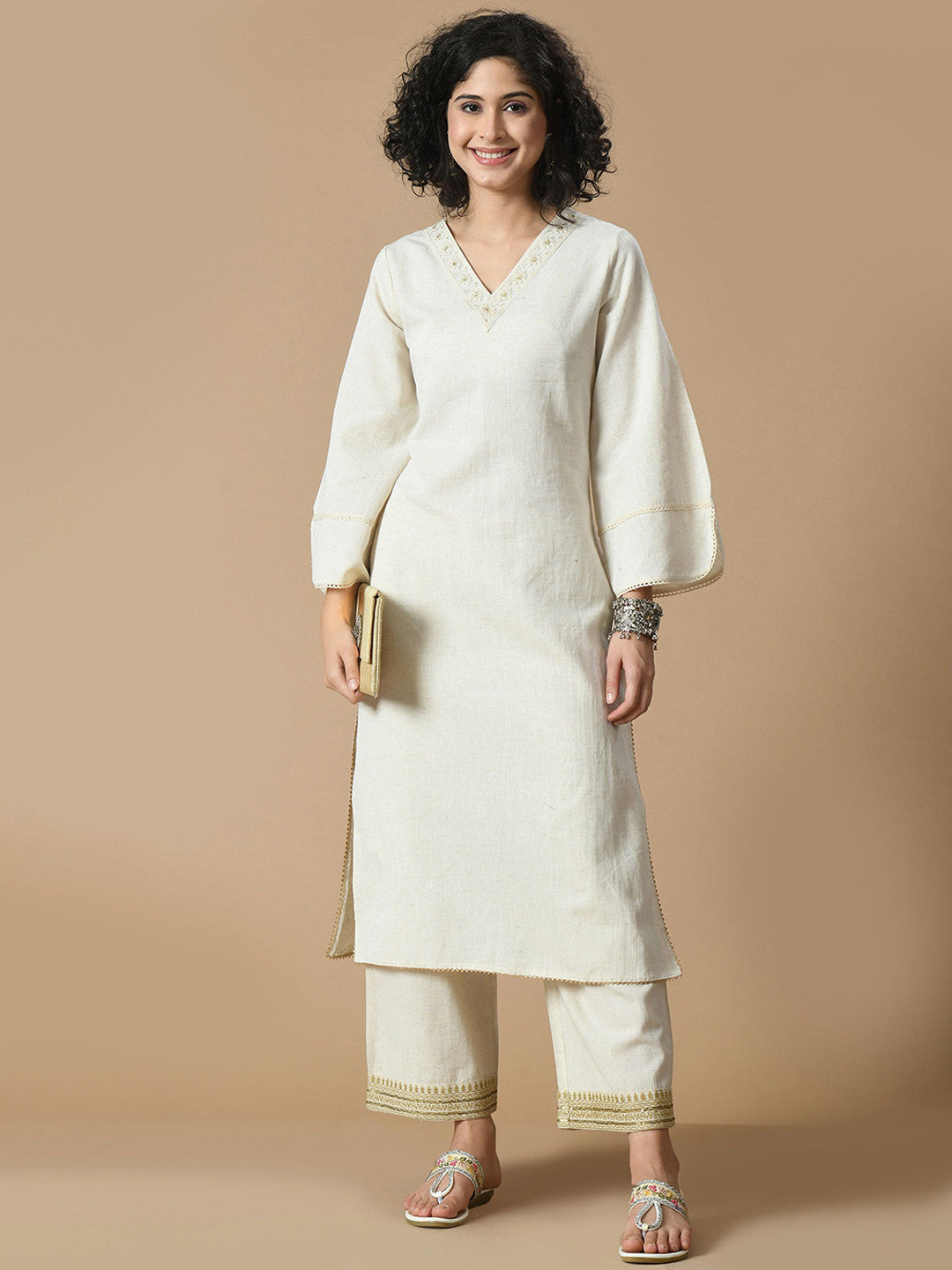 Embroidered Thread Work Pure Cotton Kurta with Palazzos