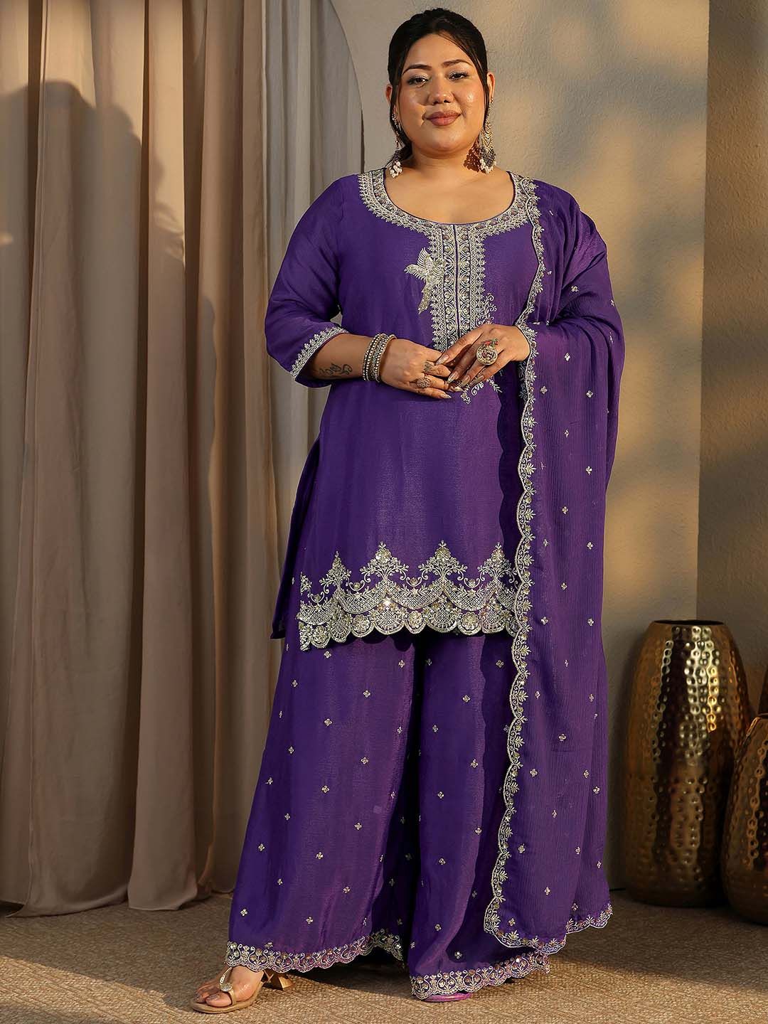 Dhiyona Women's Plus Size Ethnic Motifs Embroidered Kurta with Palazzo & Dupatta
