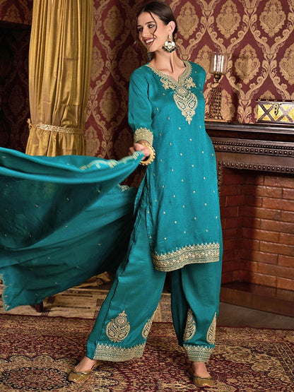 Dhiyona CH Ethnic Motifs Embroidered V-Neck Straight Kurta With Patiala & Dupatta