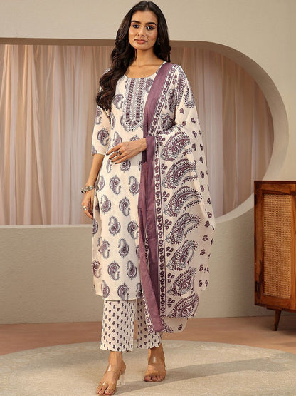 Off White Paisley Printed Cotton Blend Straight Suit Set