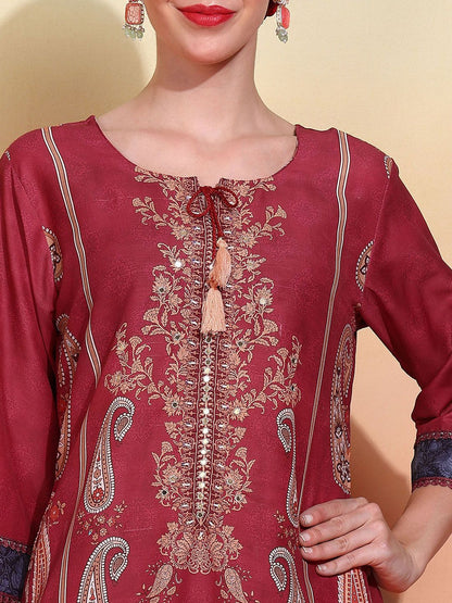 Dhiyona IS Women's Ethnic Motifs Printed Tie-Up Neck Straight Kurta With Trousers & Dupatta