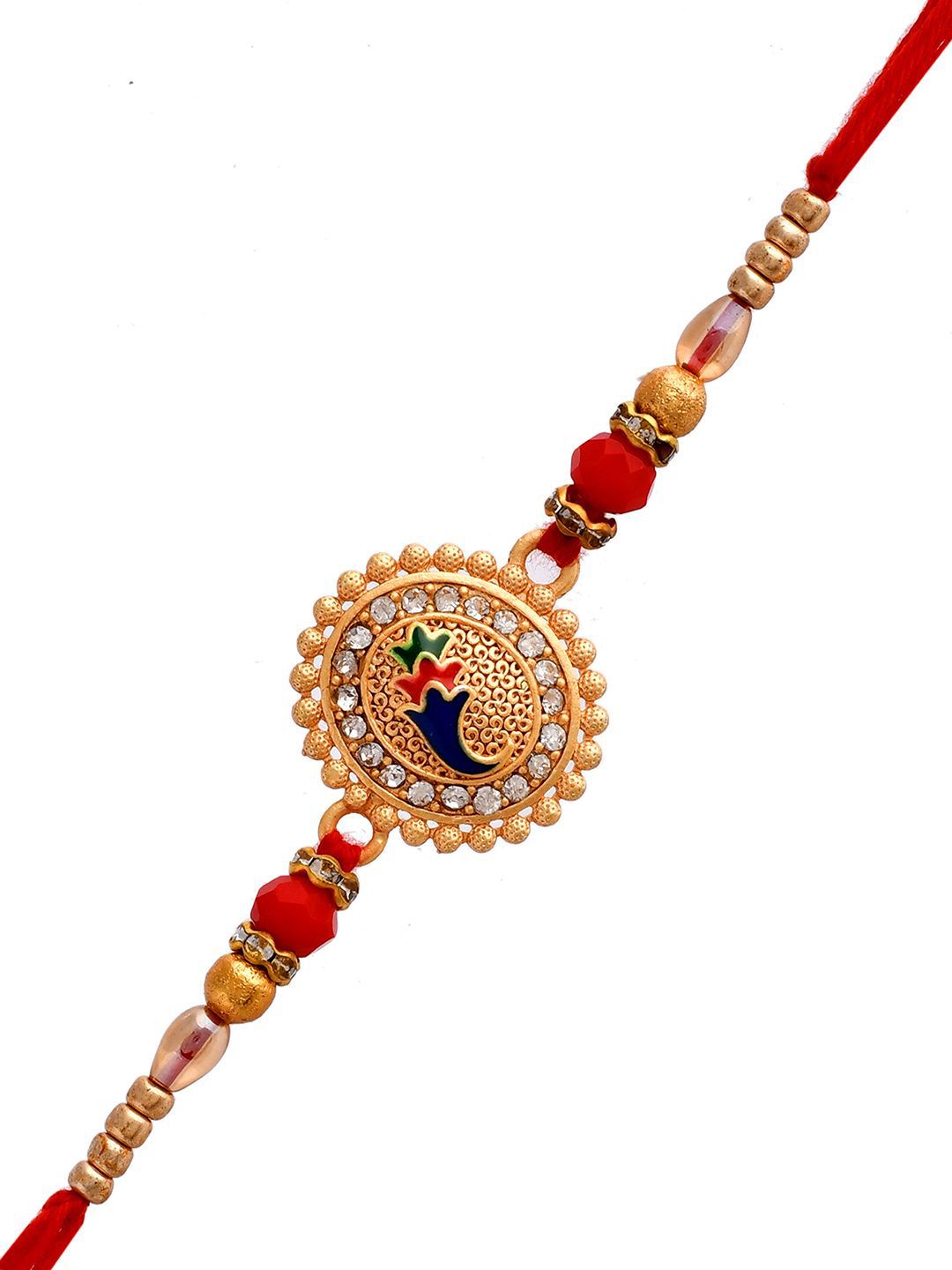 Dhiyona Gold-Toned Stone-Studded & Beaded Rakhi With Roli Chawal & Greeting Card