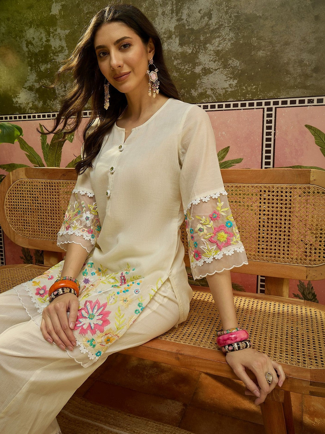 Dhiyona SN Embroidered Pure Cotton Round Neck Kurti & Trousers