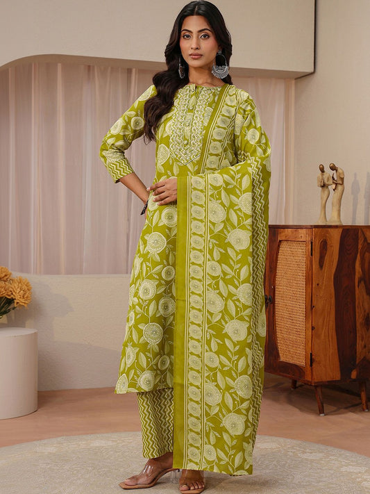 Libas Green Floral Printed Straight Suit Set