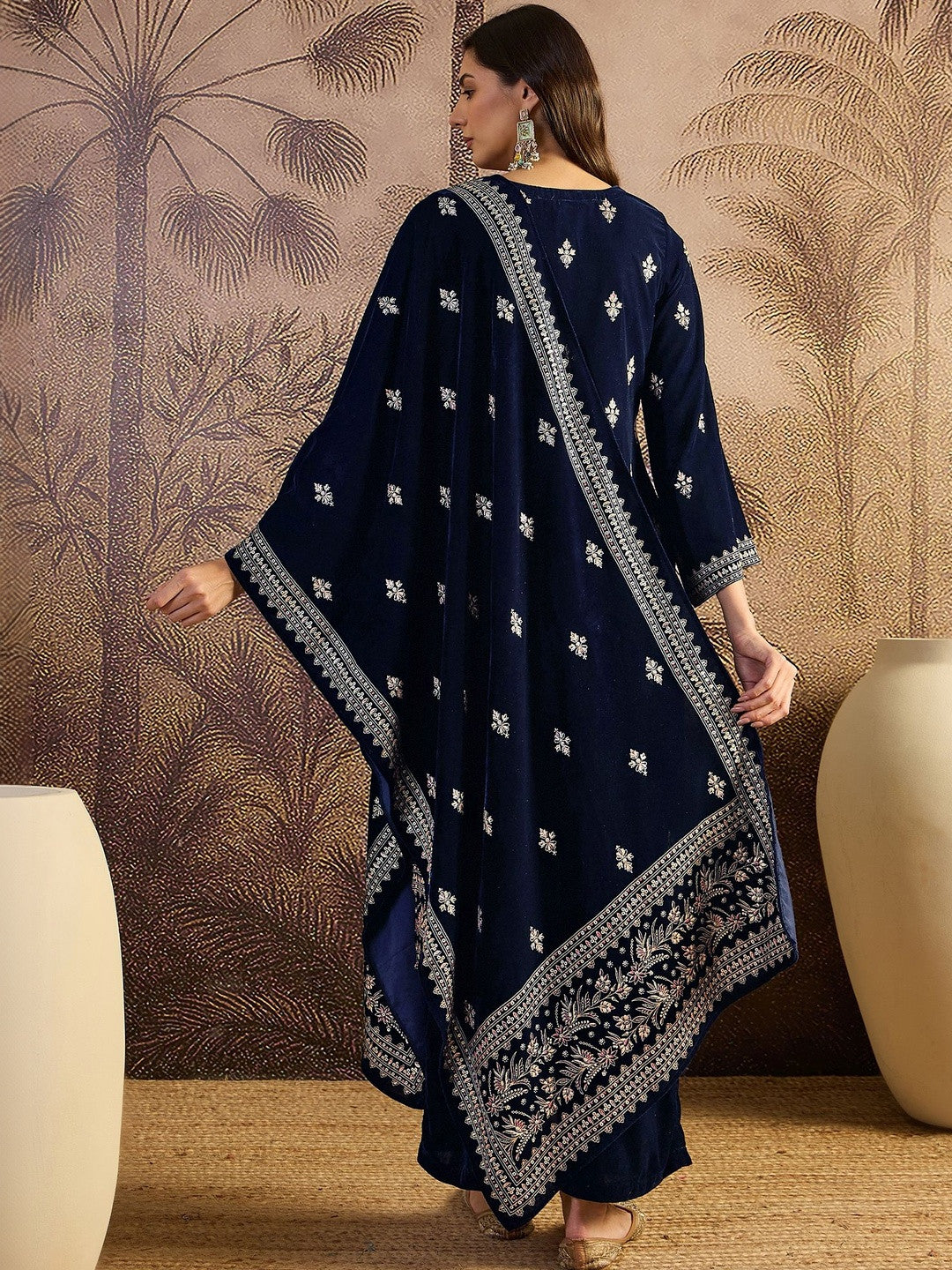 Winter Heavy Embroidered Ethnic velvet Kurta Trousers & Dupatta