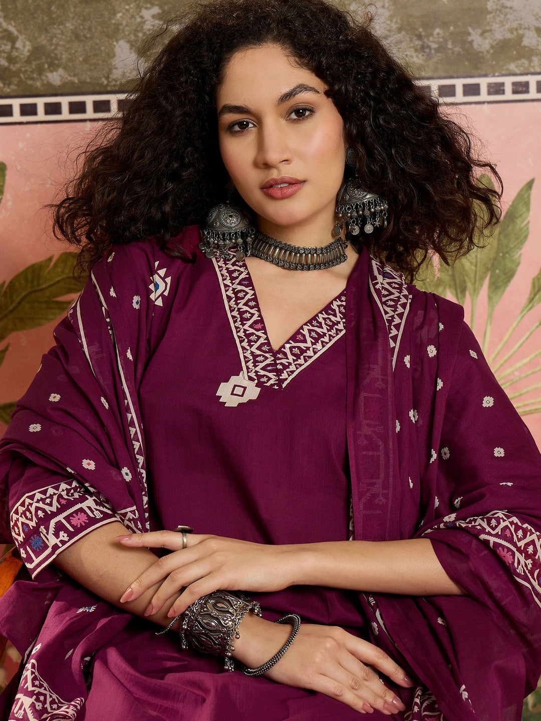 Printed Cotton V-Neck Kurta & Trousers With Dupatta