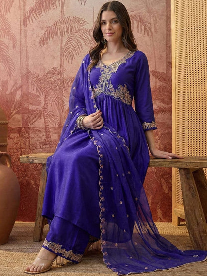 Dhiyona SN Embroidered Round Neck Kurta Palazzos & Dupatta