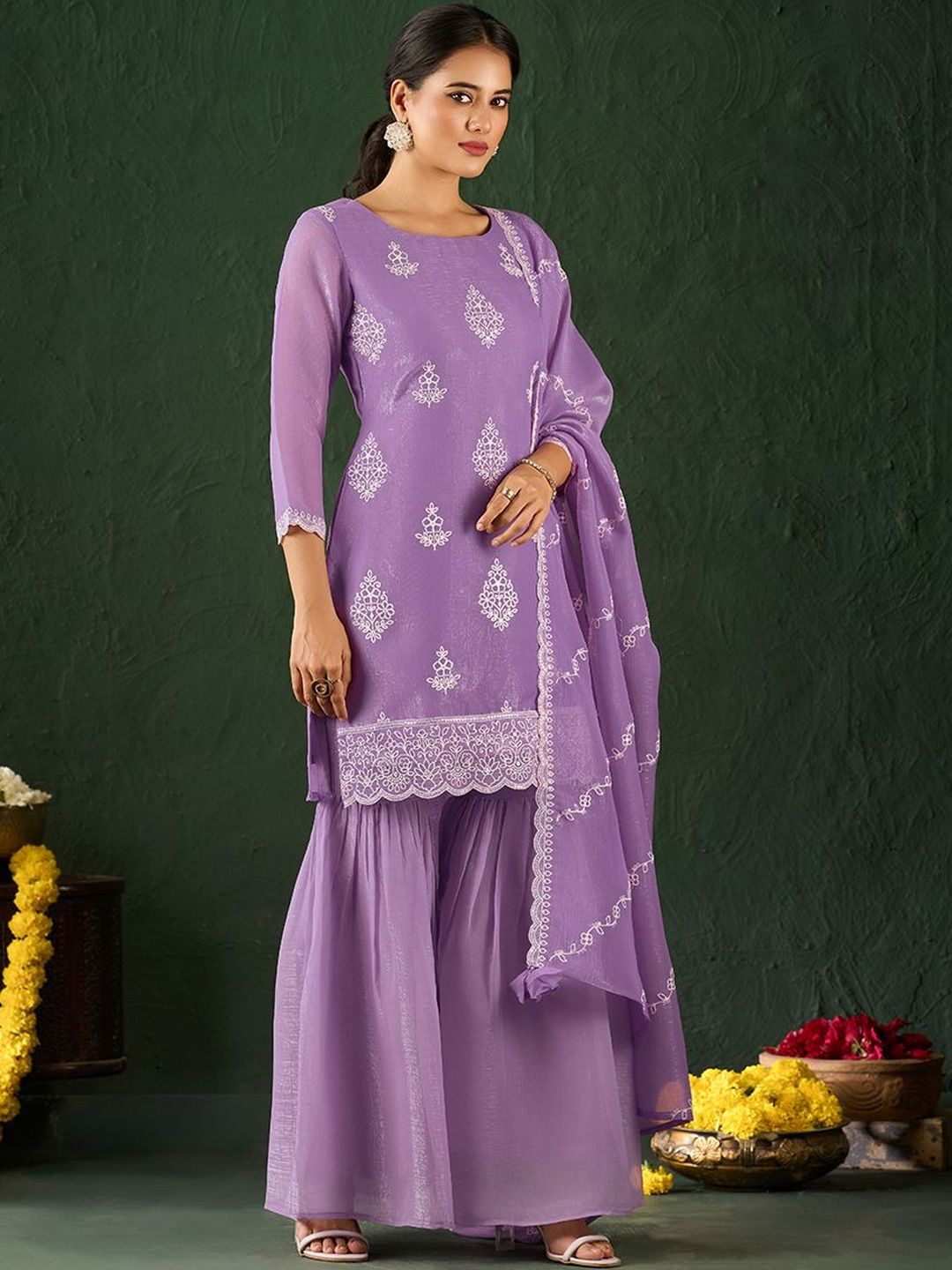 Dhiyona AN Women Ethnic Motifs Embroidered Regular Thread Work Chanderi Silk Kurta with Sharara & With Dupatta