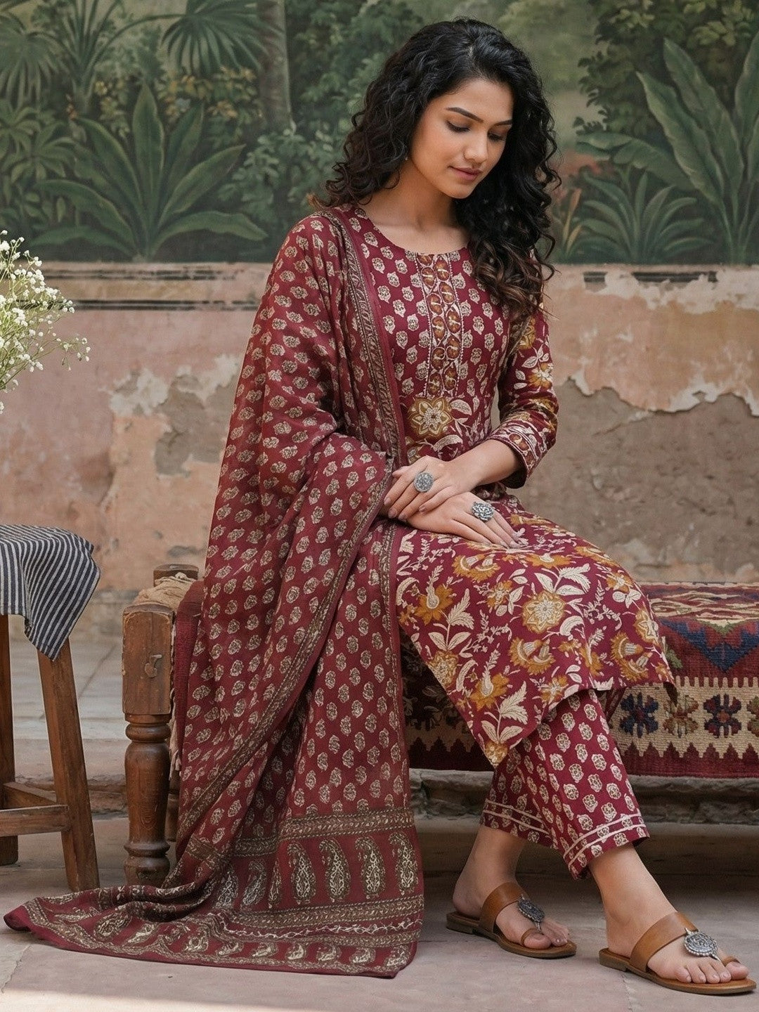 Women's Pure Cotton 3 Pcs Maroon Colour Straight Printed Kurta Sets Kurta Sets