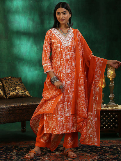 Women's LB Orange Printed Cotton Straight Suit With Dupatta