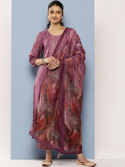 Women Printed Regular Thread Work Kurta with Trousers & With Dupatta