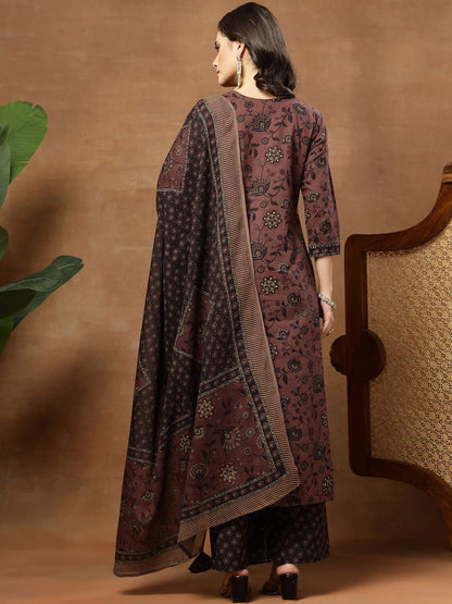 Printed Pure Cotton Round Neck Kurta & Palazzos With Dupatta