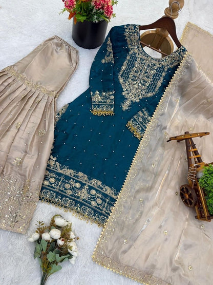 Dhiyona KL Women Ethnic Motifs Embroidered Regular Thread Work Kurta with Sharara & With Dupatta