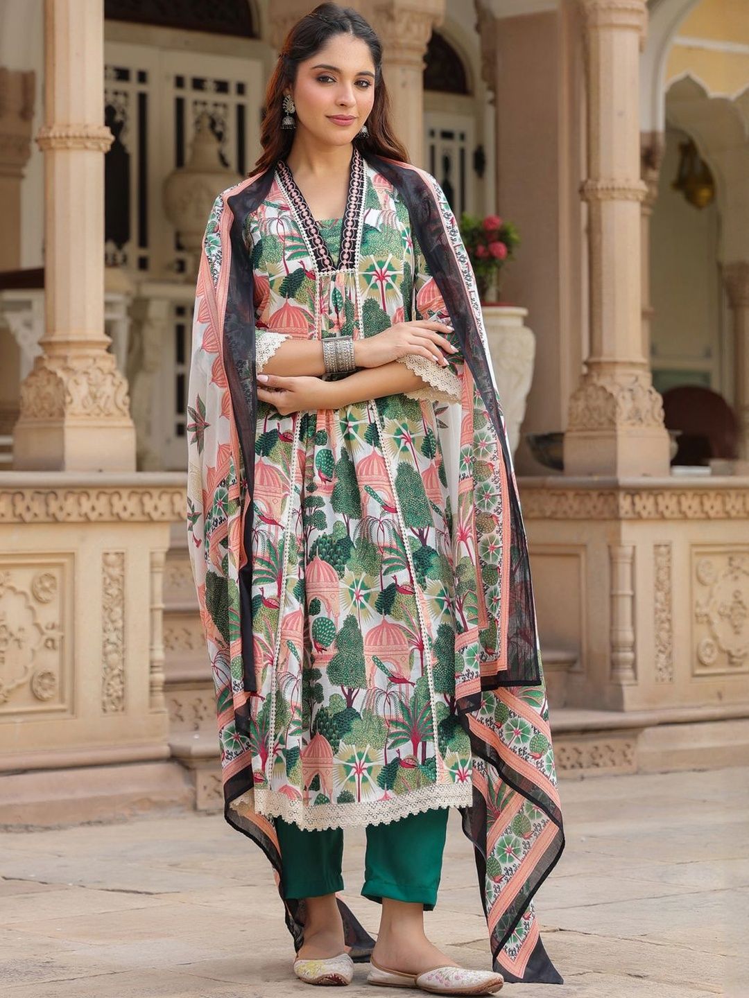 Dhiyona RR Women's Floral Printed Cotton Anarkali Kurta with Trousers & Dupatta