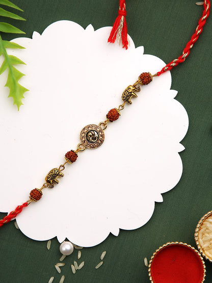 Dhiyona Stones Studded & Rudhraksh Beaded Rakhi With Roli Chawal & Greeting Card