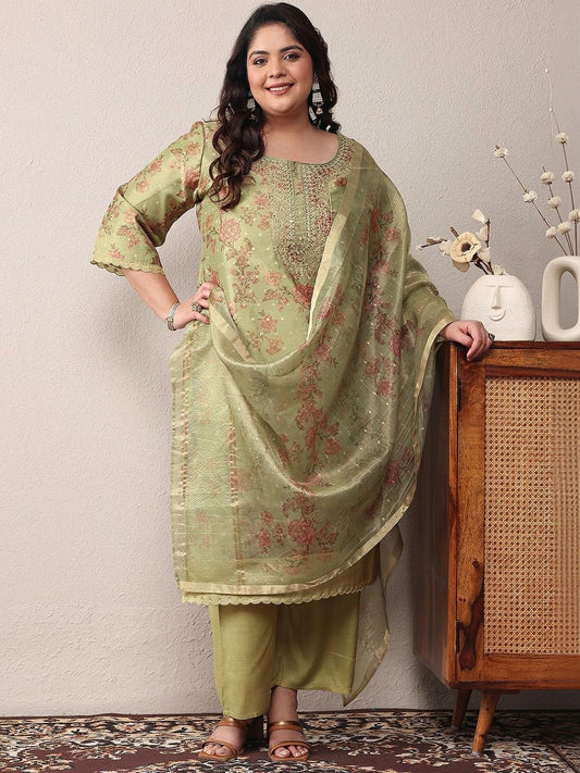 Dhiyona Women's Plus Size Floral Printed Kurta with Trousers & With Dupatta