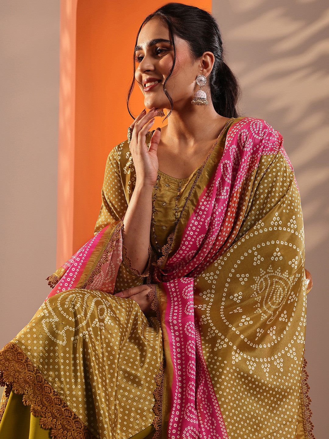 Women Bandhani Printed Kurta with Palazzo & Dupatta