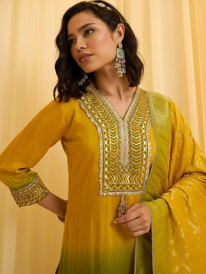 Dhiyona CH Floral Embroidered V-Neck Straight Sequinned Kurta With Trousers & Dupatta