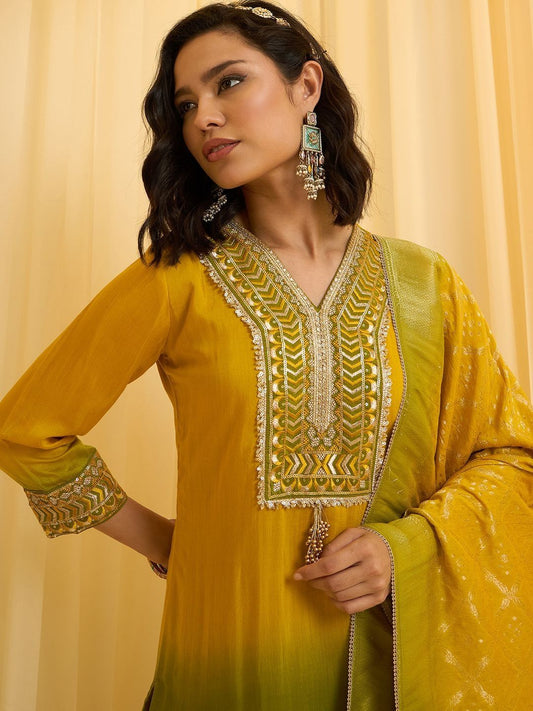 Dhiyona CH Floral Embroidered V-Neck Straight Sequinned Kurta With Trousers & Dupatta