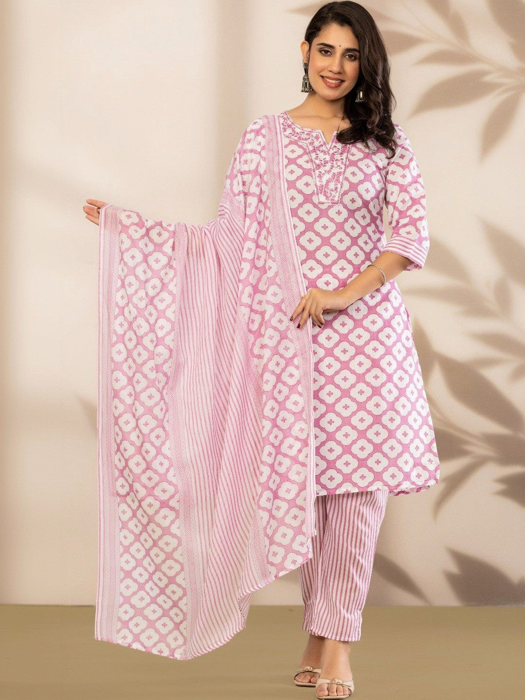 Women Ethnic Motifs Printed Regular Thread Work Pure Cotton Kurta with Trousers & With Dupatta