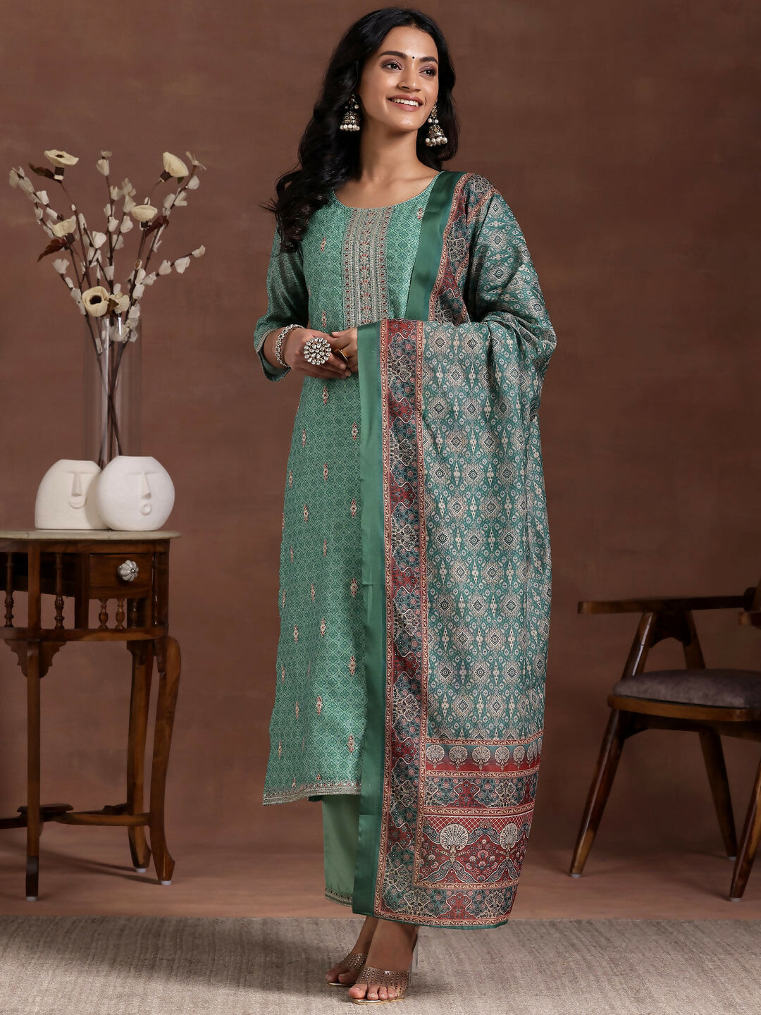 Women's LB Green Printed Silk Blend Straight Suit With Dupatta