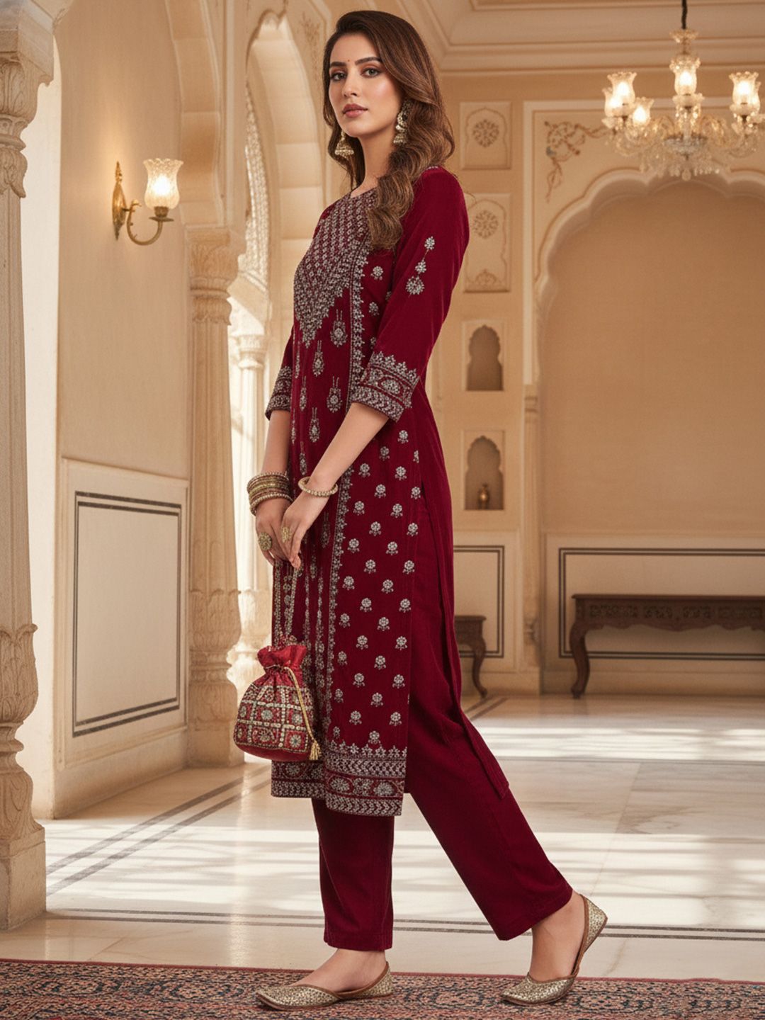 Maroon Women Ethnic Motifs Printed Regular Thread Work Velvet Kurta with Trousers
