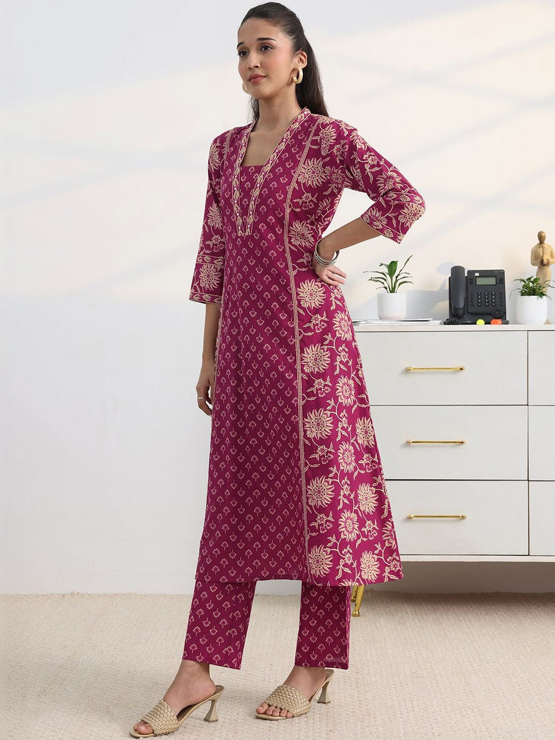 Libas Pink Floral Print A-Line Suit Set with Dupatta