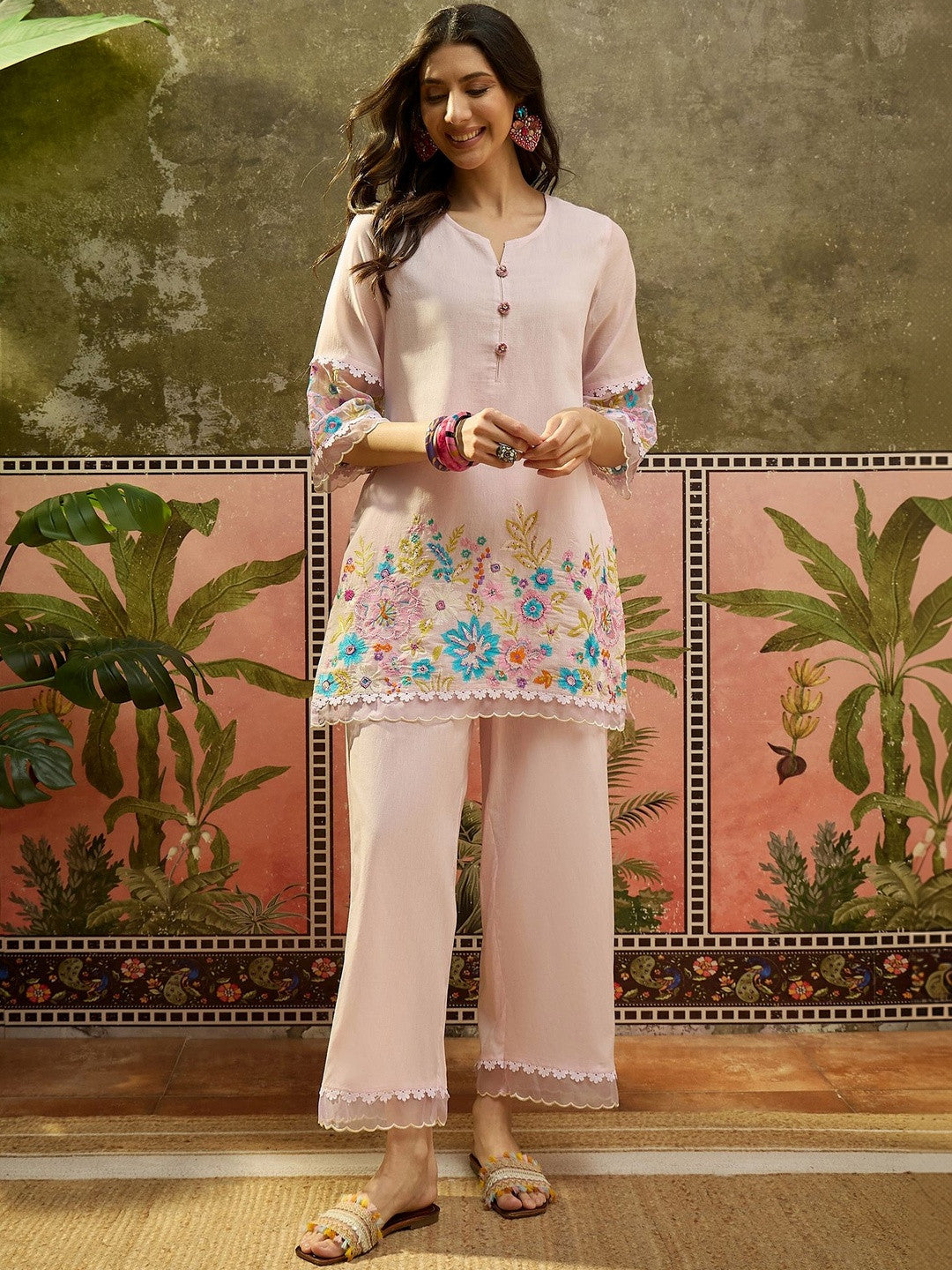 Dhiyona SN Embroidered Pure Cotton Round Neck Kurti & Trousers