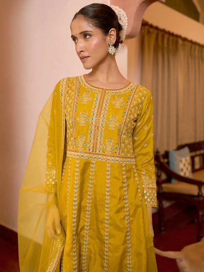 Women's LB Art Mustard Embroidered Silk Blend A-Line Kurta With Sharara & Dupatta