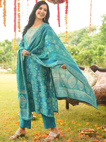 Dhiyona KL Ethnic Motifs Printed Thread Work Straight Kurta With Trousers & Dupatta