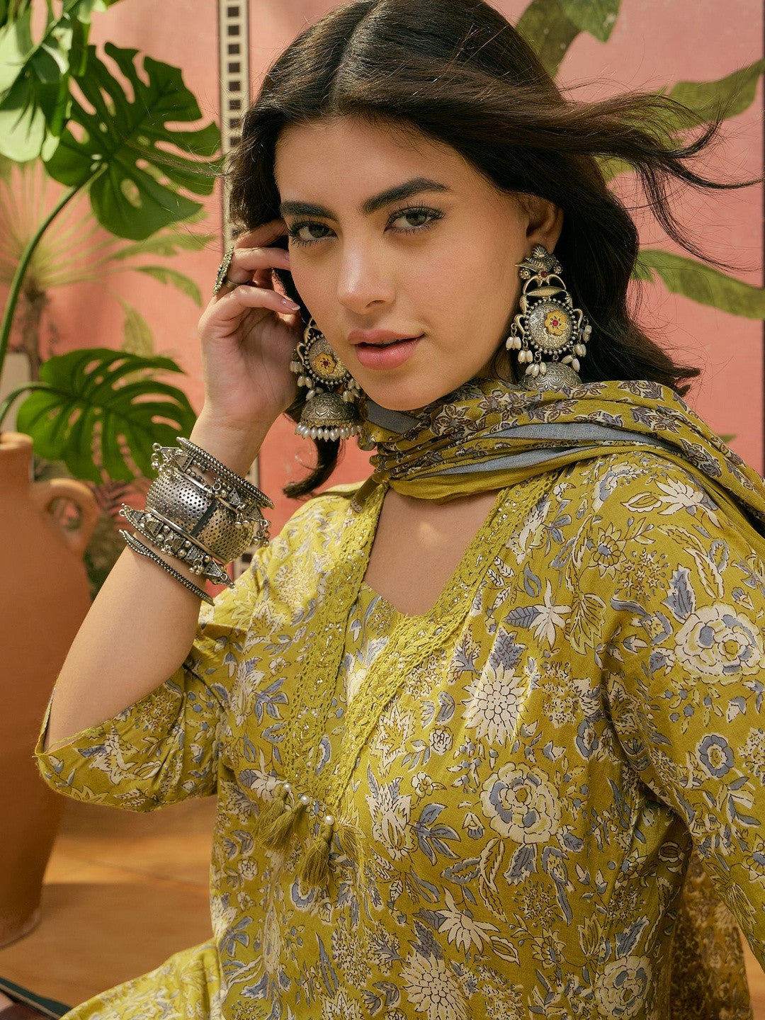 Printed Straight Kurta With Trousers & Dupatta Set