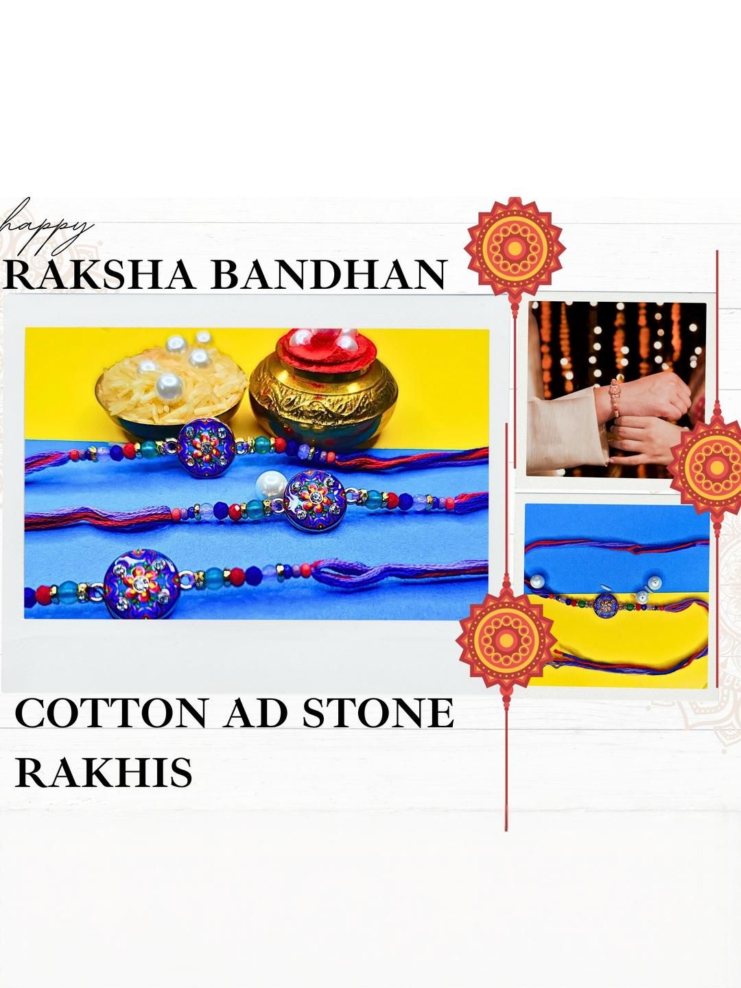 Dhiyona Set Of 3 Beaded Cotton Thread with AD Stones & Meenakari Designer Rakhi for Brother