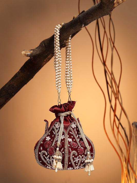 Dhiyona NR Lotus Dark Maroon & Gold Floral Embellished Velvet Potli