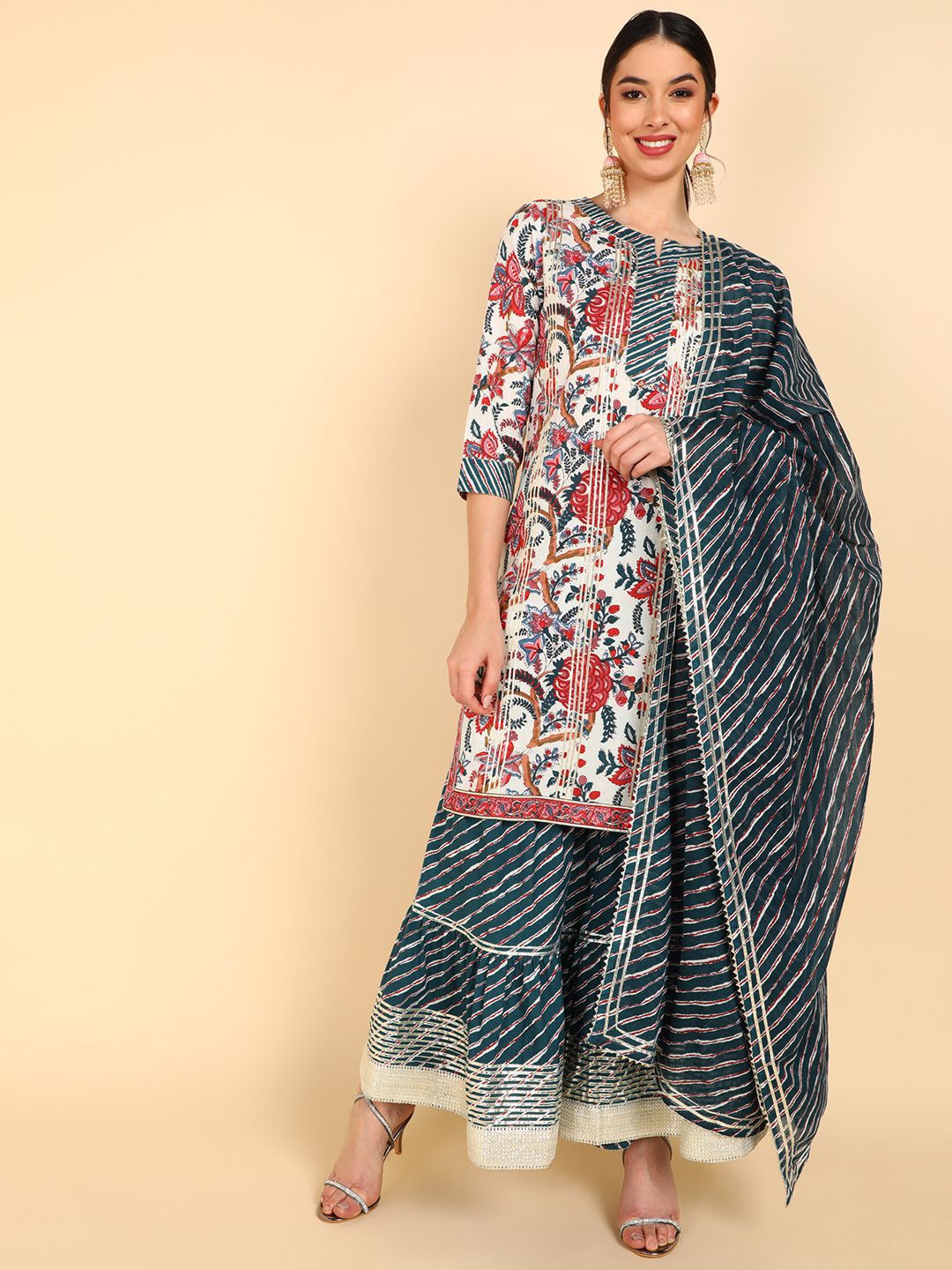 Dhiyona HOP Floral Printed Pure Cotton Straight Kurta Sharara With Dupatta